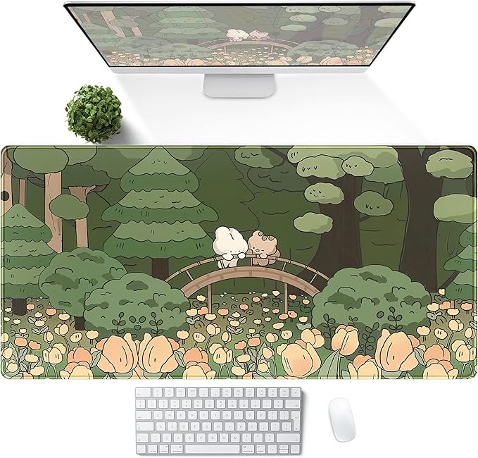 Anime Forest Desk Mat,Cute Green Mouse Pad,Kawaii Aesthetic Full Desktop Pad XXL Gaming Mousemat XL, Extended Korean Animals Bear Bunny Keyboard Mat Large 31.5x15.7 Inch Non-Slip&Stitched Edges