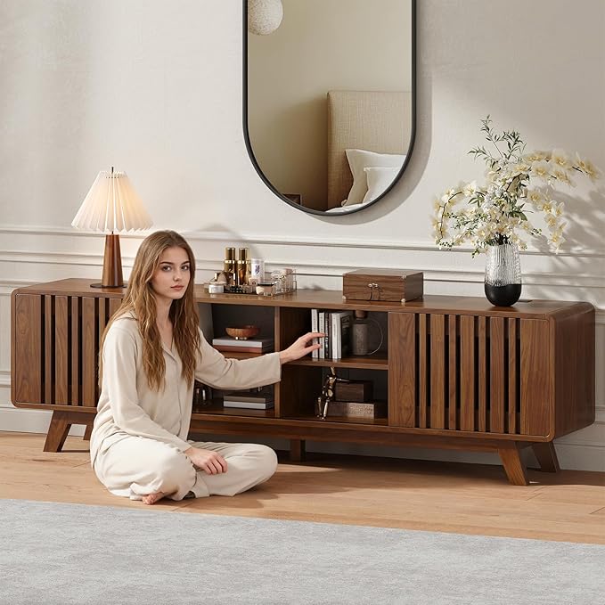 ONBRILL 70-Inch TV Stand for TVs up to 80 Inch, Mid-Century Modern Television Stand with Power Outlet， Entertainment Center with Sliding Grille Door Cabinets and Open Shelves for Living Room, Walnut