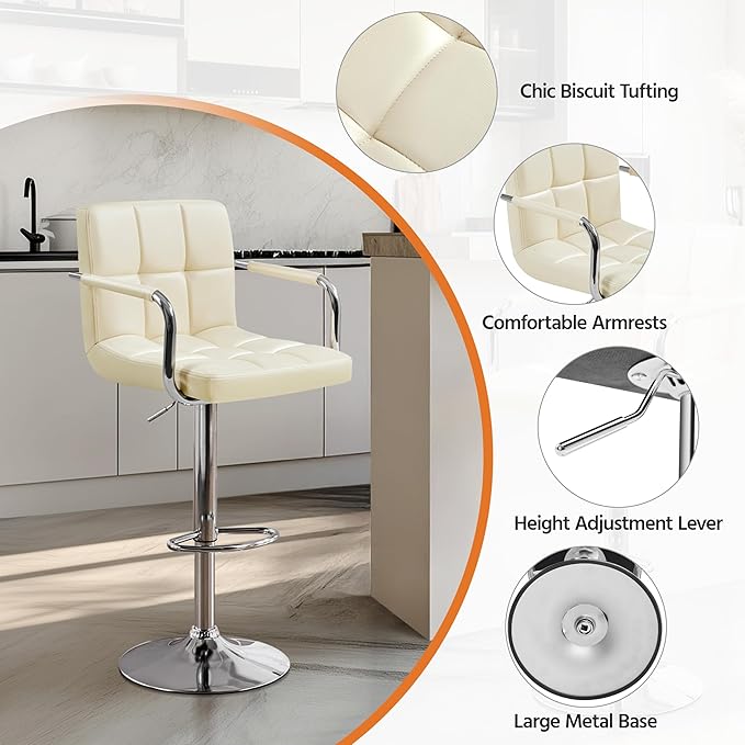 Yaheetech Bart Stools Set of 4, PU Leather Adjustable Barstools with Armrest, Counter Height Stool Chairs with Thickened Seat Cushion for Kitchen Island, Beige