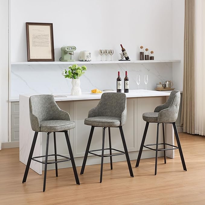 Bar Stools Set of 3, 30" Swivel Bar Height Bar stools with High Back, Faux Leather Kitchen Barstools Bar Height for Kitchen Island (Light Grey, 3PCS 30" Bar Stools)