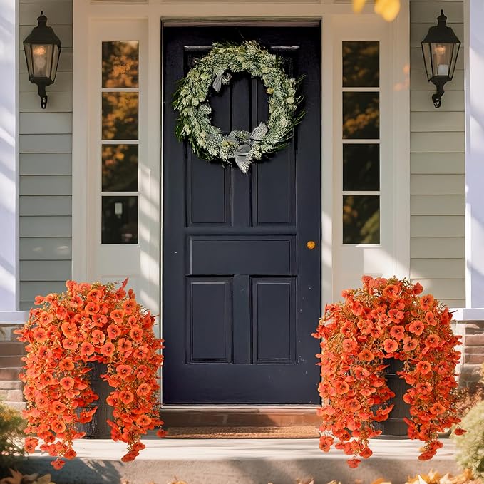 Artificial Fall Flowers for Outdoor, 4 Pcs Faux Pansy Fake Mums Plant Hanging Flowers Outdoor Fall Decor, UV Resistant No Fade Silk Flower for Front Door Porch Planter Patio Yard Garden(Orange)