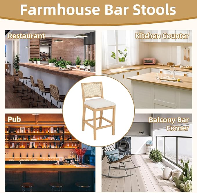 Westice Rattan Bar Stools Set of 4, 26" Farmhouse Counter Height Stools with Natural Rattan Back and Wood Frame, Upholstered Line Fabric Seat Cushion, Wooden Stools for Kitchen Island/Pub, Natural