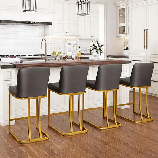 PHI VILLA Grey and Gold Bar Stools Set of 4, Faux Leather Counter Height Chairs, Kitchen Stools for Island, 24 Inch Barstools with Back