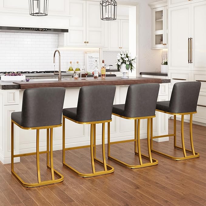 PHI VILLA Grey and Gold Bar Stools Set of 2, Faux Leather Counter Height Chairs, Kitchen Stools for Island, 24 Inch Barstools with Back