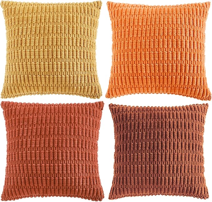 Fancy Homi Set of 4 Burnt Orange Fall Boho Decorative Throw Pillow Covers 22x22 Inch for Couch Bed Sofa, Aesthetic Modern Bohemian Room Decor, Soft Fuzzy Cozy Corduroy Textured Cushion Case 55x55cm