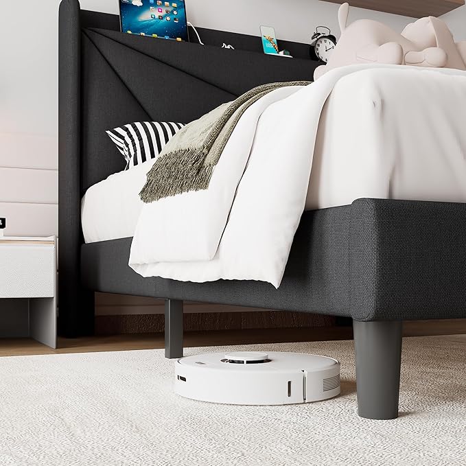 iPormis Twin Size Bed Frame with Charging Station, Linen Platform Bed Frame with Wingback Headboard Upholstered Bedframe, Solid Wood Slats Support, No Box Spring Needed, Easy Assembly, Black