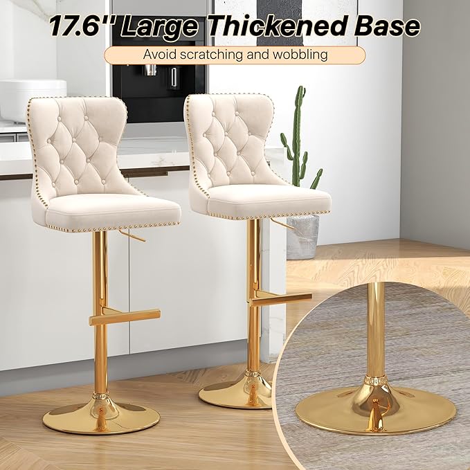 Bar Stools Set of 4, Velvet Swivel Counter Height Stools with Tufted Back, Adjustable Seat with Nailheads Trim, Upholstered Bar Chairs with Gold Base for Kitchen Island, Pub, Beige