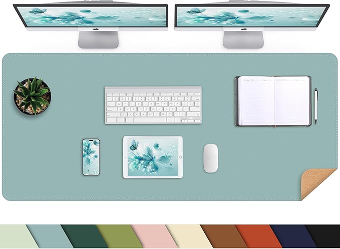 Leather Desk pad Protector, Large Desk mat with Natural Cork & PU Leather,Mouse pad,Non-Slip Office Desk Mat,Waterproof Desk Writing Pad for Office and Home (47in*23.7in, Light Blue)