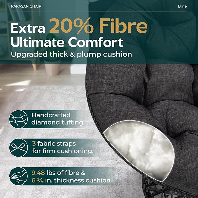 Bme 40" Ergonomic Wicker Papasan Chair with Soft Thick Cushion & Frame, 360° Swivel, Circle, Reading, Comfy Chair for Living Room, Bedroom