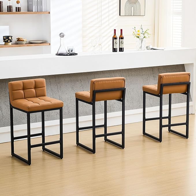 Bar Stools Set of 3, Upholstered PU Leather Counter Height Barstools with Low Back and Thickened Metal Legs, Modern Island Chairs for Kitchen Island (Caramel Brown, 3Pcs 26" Bar Stools)