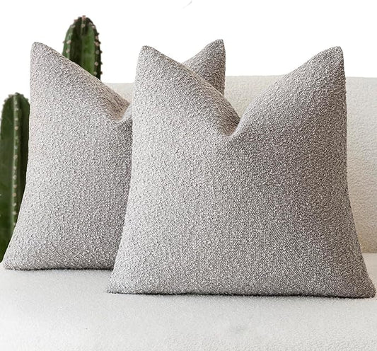 Foindtower Set of 2, Decorative Textured Boucle Throw Pillow Covers Accent Solid Pillow Cases Soft Cozy Couch Cushion Case for Chair Sofa Bedroom Living Room Home Decor 24 x 24 Inch Neutral Grey