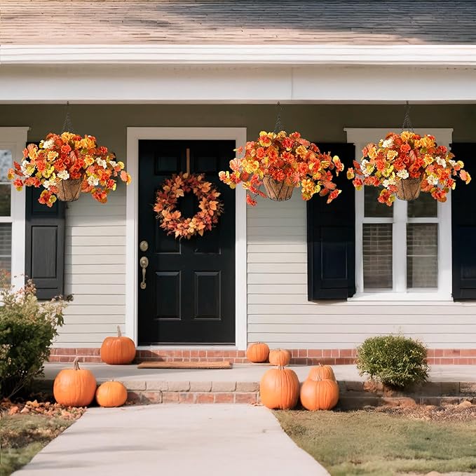 Artificial Fall Flowers for Outdoor Decor 2 Pcs UV Resistant Fake Flowers, Faux Fall Flowers for Outdoor Planters Autumn Silk Flowers for Porch Garden Patio Yard Halloween Decorations