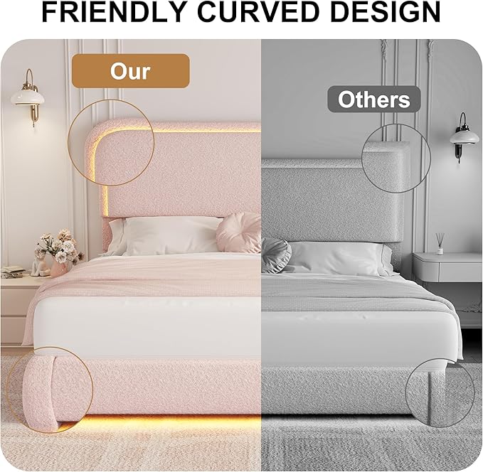Full Bed Frame, Soft Teddy Fleece Upholstered Platform Bedframe with Thickened Rounded Corners Headboard Footboard, Modern Curved Shaped Cloud Bed Frame with LED Lights, No Box Spring Needed, Pink