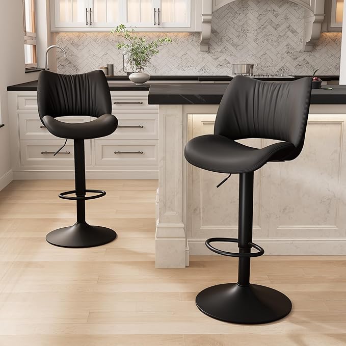 YOUNIKE Modern Bar Stools Set of 2, Black PU Leather Upholstered Barstools, Swivel Adjustable Armless Counter Stool, Ergonomic Hollow Mid Backrest Bar Chair for Kitchen Island, Home Bar Counter