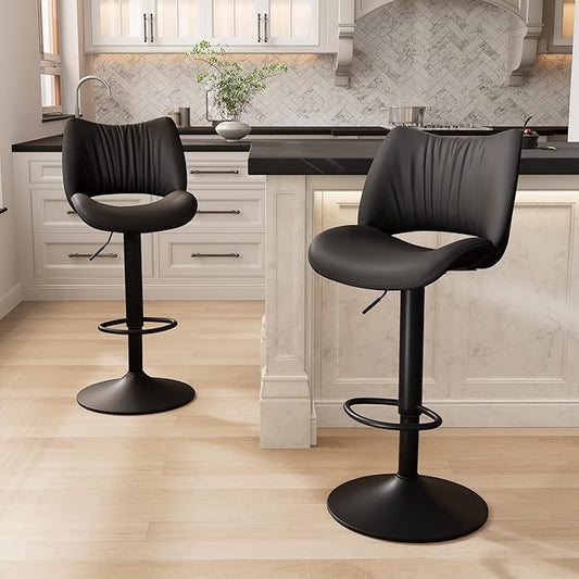 YOUNIKE Modern Bar Stools Set of 2, Black PU Leather Upholstered Barstools, Swivel Adjustable Armless Counter Stool, Ergonomic Hollow Mid Backrest Bar Chair for Kitchen Island, Home Bar Counter