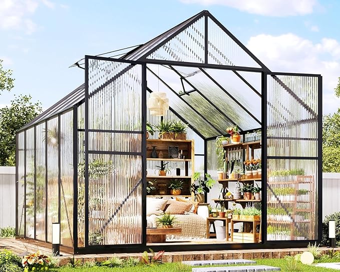 Jocisland 8x10x7 FT Polycarbonate Greenhouses for Outdoors, 2 Top-Opening Windows, 2 Swing Doors, Aluminum Walk-in Heavy Duty for Outdoor Use, Backyard Garden, Black