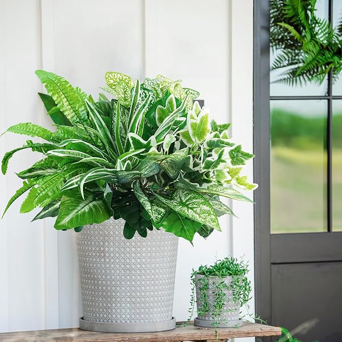 16 Bunches Fake Plants Outdoor UV Resistant Artificial Bushes Green Boxwood Shrubs Faux Plastic Plants Greenery Stems for Spring Outdoor Garden Patio Front Porch Yard Home Decor