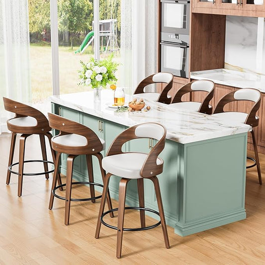 Bar Stools Set of 6, 26" Counter Height Barstools with Bentwood Legs, Swivel Counter Stools with Back, Mid Century Modern Faux Leather Upholstered Barstools for Kitchen Island, White