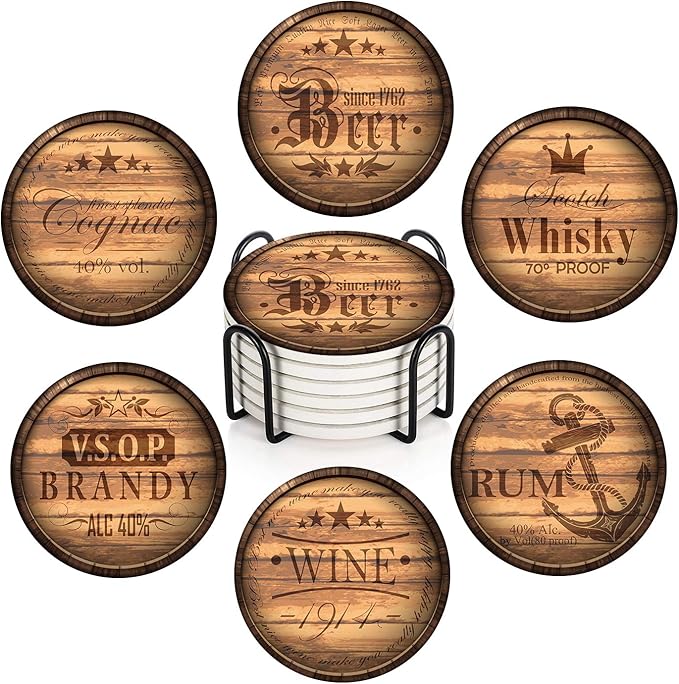 Britimes Set of 6 Coaster for Drinks Absorbent with Cork Base, Metal Holder, Round Wooden Stone Drink Mat for Coffee Wood Table, Gift for Birthday, Farmhouse Housewarming Room Bar Decor Retro 2