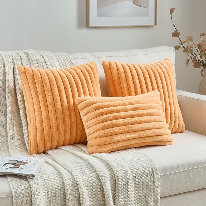 FUTEI Orange Striped Decorative Throw Pillow Covers 12x20 Inch Set of 2,Rectangle Fall Decorations Couch Lumbar Pillowcase,Soft Cozy Faux Rabbit Fur & Velvet Back,Modern Home Decor for Bed