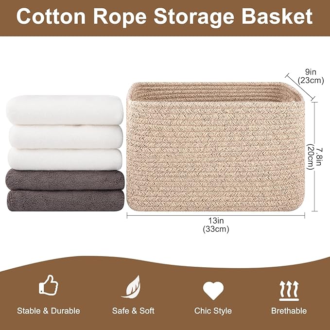Storage Baskets for Organizing, Woven Decorative Baskets for Shelves - Books, Towels, and Clothes, Cotton Rope Toy Storage Bins, 12.7''Lx9''Wx7.8''H, Pack of 4, Brown