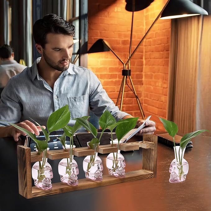Plant Terrarium Propagation Stations Halloween Skull Planter Vase Skulls Decor with Wooden Stand Gife for Father - 5 Vases