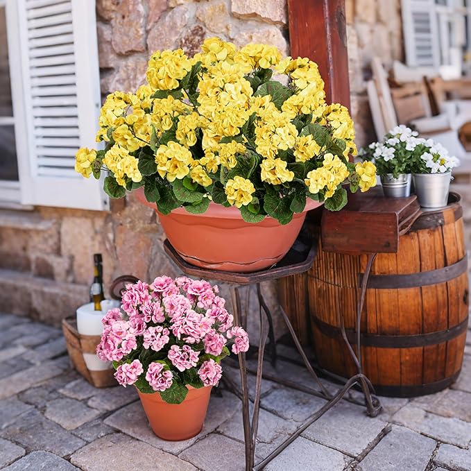 Plastic Flowers for Outdoors Home Decor Fake Plants Artificial Flowers Artificial Geraniums Outdoor Fake Flowers Silk Bouquet, Fall Decor for Interior Porch Garden Decor14.4(Yellow) 8PCS