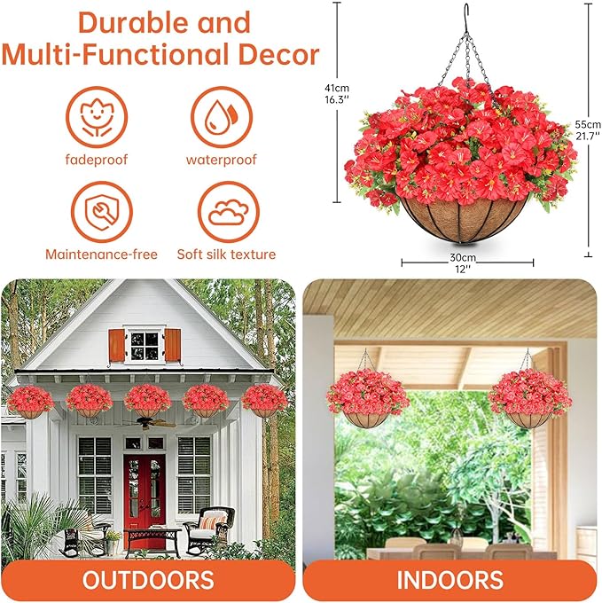 Artificial Hanging Flowers Basket, Fake Plants, for Spring Summer Outdoor Decoration, Faux Silk Petunias Eucalyptus,UV Resistant, Coconut Planter wtih Morning Glories, for Porch Garden Decor (Red)