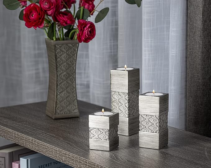 Creative Scents Dublin Silver Tealight Candle Holder Set of 3 - Centerpiece for Living Room and Dining Room Table Decor, Coffee Table Decor, Ideal for Fireplace, Entrance or Bathroom