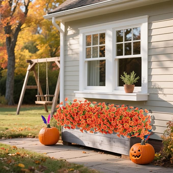 12 Bundles Fall Flowers Artificial for Decoration, Fake Flowers Artificial Plants Outdoor, Colorful Faux Morning Glory Realistic UV Resistant for Garden Patio Porch Home Decor (Orange)