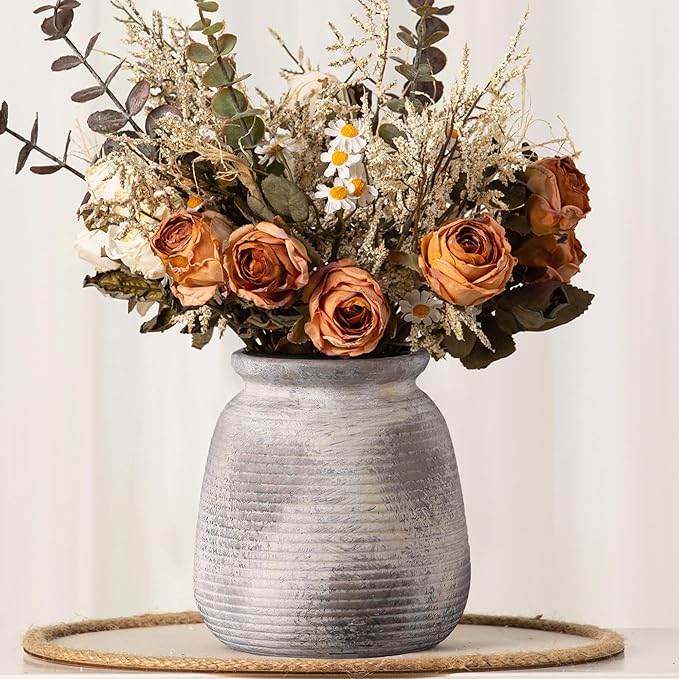 Ceramic Flower Vase, 7.48" Rustic Vases Home Decor Farmhouse Vintage Pampas Decorative Pottery Clay Vases for Table Living Room Bookshelf Entryway Kitchen Bathroom Bedroom