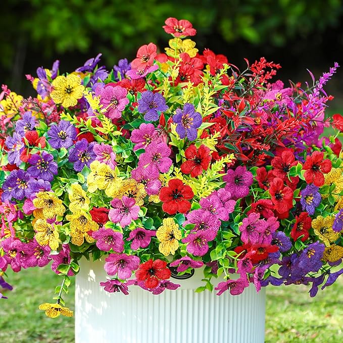 SHareconn 36 Bundles Artificial Flowers for Outdoors Decoration, Faux Plants Fake Silk Colorful Daisy Eucalyptus Lavender, UV Resistant for Outside Home Porch Patio Spring Decor, RedRosyPurpleYellow