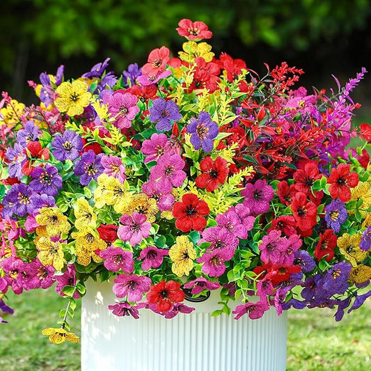 SHareconn 36 Bundles Artificial Flowers for Outdoors Decoration, Faux Plants Fake Silk Colorful Daisy Eucalyptus Lavender, UV Resistant for Outside Home Porch Patio Spring Decor, RedRosyPurpleYellow
