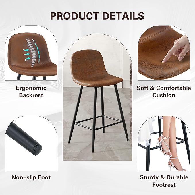 Modern Bar Stools Set of 2,Brown Techno-Fabric Counter Height Bar Stools,24.6" Bar Chairs with Back Metal Footrest,Modern Counter Stool with Back and Footrest for Kitchen Island Restaurants Pubs