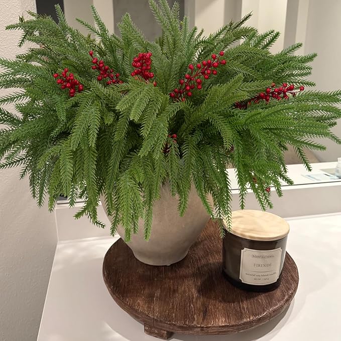 12pcs Christmas Norfolk Pine Stems with Berry Set, 18 Inches Artificial Norfolk Branch 6pack, Faux Berry Stem 6pack,Fake stem Greenery Pine Picks for Indoor Home Vase DIY Outdoor Wreath Decoration