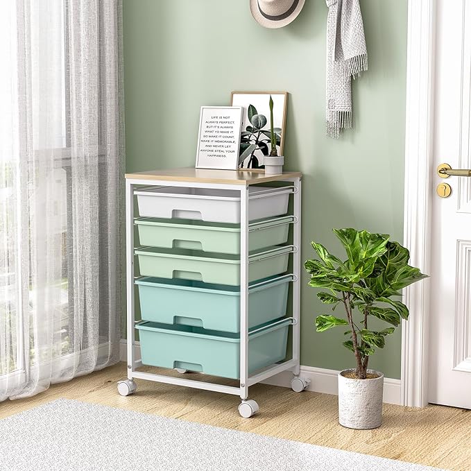 Craft cart,Rolling Cart with Drawers,Storage Cart with 5 Drawers and Wooden Tabletop for Under Desk Organizers and Storage,Green