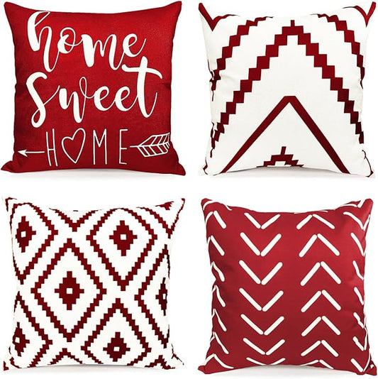 Decorative Throw Pillow Covers Set of 4 Wine Red Pillow Covers 16x16 inch Throw Pillows Linen Square Pillow Case,Farmhouse Outdoor Modern Geometric Pillow Covers for Couch Sofa Living Room