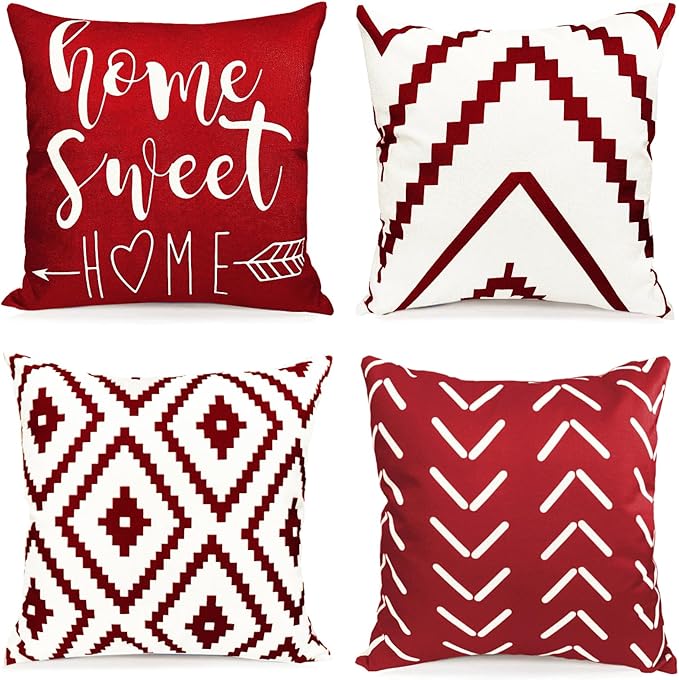Decorative Throw Pillow Covers Set of 4 Wine Red Pillow Covers 22x22 inch Throw Pillows Linen Square Pillow Case,Farmhouse Outdoor Modern Geometric Pillow Covers for Couch Sofa Living Room