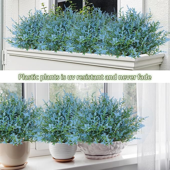 RECUTMS Spring Decoration, Artificial Greenery,Outdoor Artificial Flowers Fake Outdoor Plants, Faux Greenery for Indoor Outside Hanging Plants Garden Porch Window Box Home Farmhouse Décor(Blue)