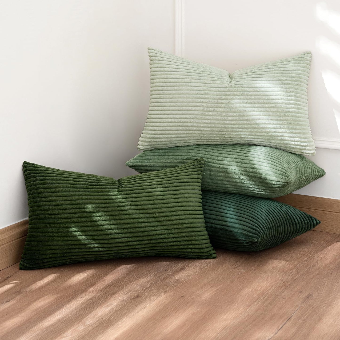 MIULEE Boho Farmhouse Sage Green Throw Pillow Covers 12x20 Inch Set of 4 Mordern Nordic Cushion Covers Soft Corduroy Christmas Home Decor for Couch Bed Sofa Living Room Forest Green