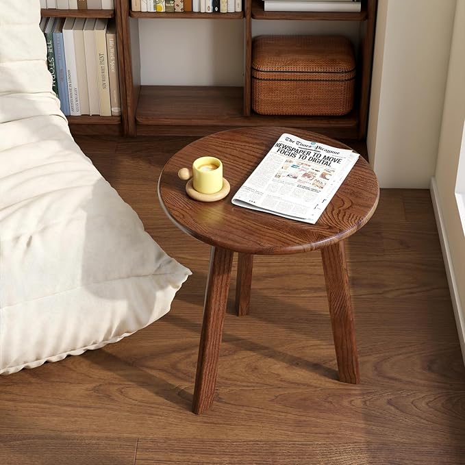 100% Solid Oak Round Side Table, Small Table w/Stable Frame, Round End Table, Small Side Table for Living Room, Bedroom, Couch(Walnut, 17.71" D x 19.68" H)