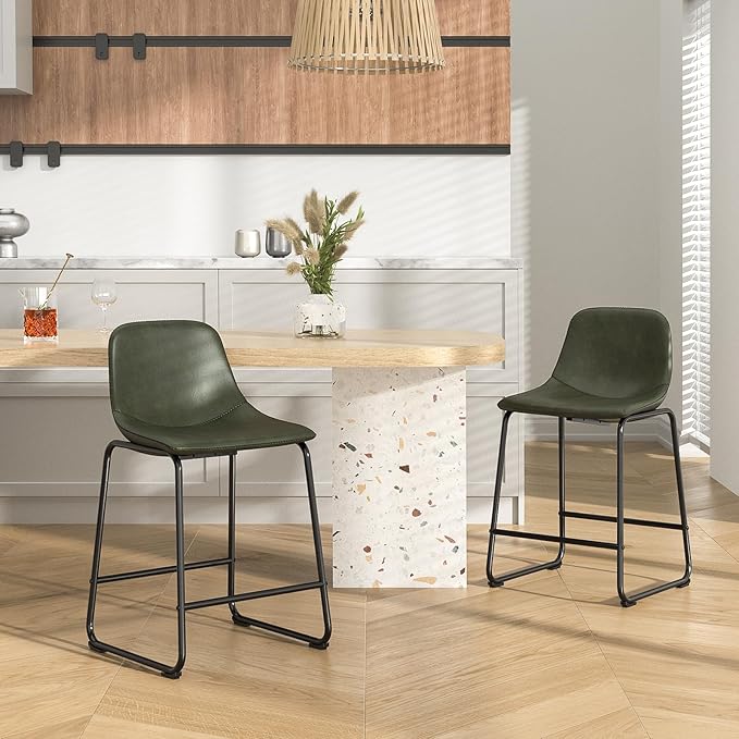 Rfiver Pu Faux Leather Bar Stools Set of 2, Industrial Pub Barstools with Back and Footrest, Modern Armless Bar Height Stool Chairs (Green, 24" Counter Chair x2)