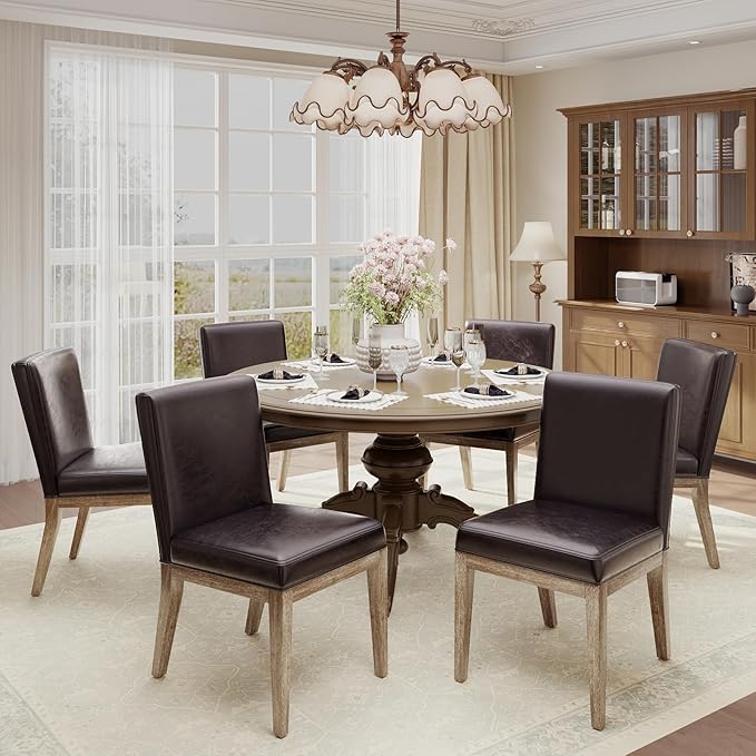 Wooden Dining Chairs Set of 6, Modern Leather Upholstered Dining Room Chair, Kitchen Side Chairs, Farmhouse Dinner Chair with High Back for Kitchen, Brown