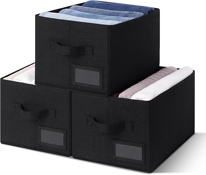 GRANNY SAYS Storage Bins, Storage Baskets for Shelves, Fabric Storage Bins for Clothes, Closet Organization Bin, Collapsible Storage Bin with Handles, Decorative Storage Box, Black, Large, 3-Pack