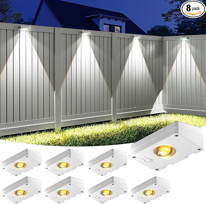 VOLISUN Solar Fence Lights, Fence Lights Solar Powered, IP65 Waterproof LED, 3 Color Temperatures Solar Light for Fence, Yard, Wall, Backyard (8 Pack, White)