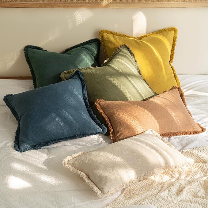 MIULEE Decorative Throw Pillow Covers Neutral Linen Fringe Throw Pillows Euro Shams Set of 2 Navy Blue Boho Farmhouse Cushion Covers for Couch Sofa Bed Living Room Spring Home Decor 24x24 Inch