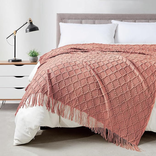BOURINA Coral Pink Throw Blanket 50 x70 Inches Jacquard Argyle Throw Textured Solid Soft Throws and Blankets for Sofa or Bed Knitted Decorative Blanket