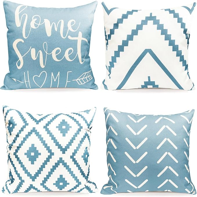 Decorative Throw Pillow Covers 18x18 Inch Sky Blue Pillow Covers for Couch Sofa Living Room Bedroom,Farmhouse Outdoor Throw Pillow Cover,Modern Geometric Linen Square Throw Pillow Case Set of 4