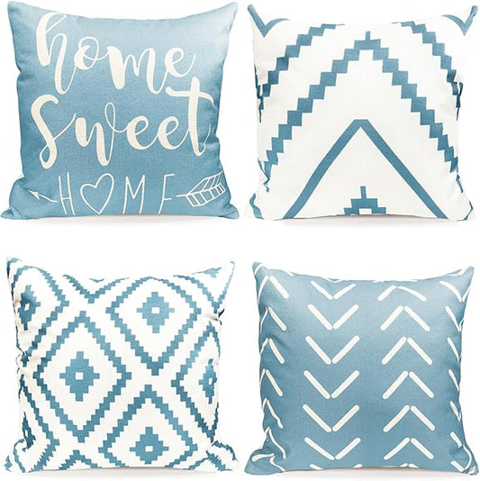 Decorative Throw Pillow Covers 18x18 Inch Sky Blue Pillow Covers for Couch Sofa Living Room Bedroom,Farmhouse Outdoor Throw Pillow Cover,Modern Geometric Linen Square Throw Pillow Case Set of 4