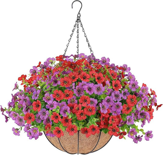 Artificial Flowers Hanging Plants in Basket,Artificial Hanging Flowers for Outdoor Indoor Decor,UV Resistant Hanging Baskets with Fake Flowers for Patio Garden Porch Deck Decoration